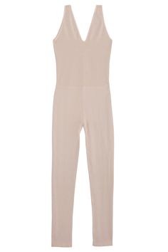 Stretchy cotton jumpsuit with a rounded V neckline. Slightly lower in back. Fitted and stretchy but soft and lightweight and not at all constricting. Fabric is 84% cotton, 11% polyamide and 5% elastane. Tiara is 5'6", bust 32", waist 26", hip 36", and is wearing a size XS/S Stretch V-neck Jumpsuits And Rompers For Loungewear, Elastane V-neck Bodysuit For Loungewear, V-neck Elastane Bodysuit For Loungewear, Stretch Elastane Jumpsuits And Rompers For Loungewear, Spring Elastane Bodysuit For Loungewear, Casual Elastane Unitard For Loungewear, Elegant Elastane Bodysuit For Loungewear, Chic Full Length Jumpsuits And Rompers For Loungewear, Seamless Stretch Unitard For Loungewear