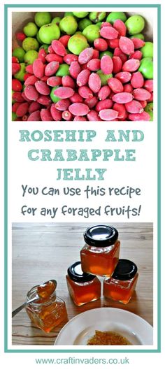 some food that is on top of a table with the words, rosehip and crabapple jelly you can use this recipe for any forced fruits