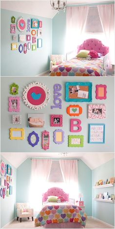 two pictures of a child's bedroom decorated in bright colors