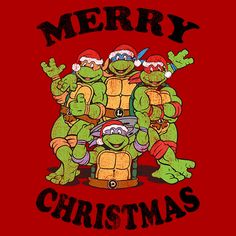 a group of teenage turtles sitting on top of each other in front of the words merry christmas