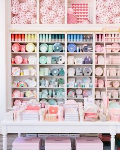 a room filled with lots of different types of crafting supplies on shelves and drawers