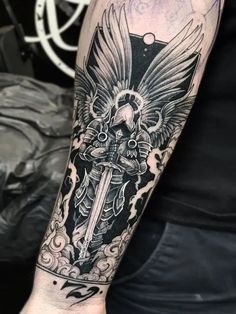 Half sleeve tattoo Warrior Tattoo Ideas, Kurt Tattoo, Tattoo Ideas Forearm, Angel Warrior Tattoo, Warrior Tattoo Sleeve, Viking Tattoo Sleeve, Archangel Tattoo, Knight Tattoo, Forarm Tattoos