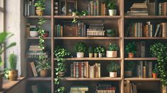 a bookshelf filled with lots of different types of plants on top of wooden shelves