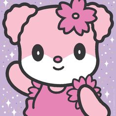 a pink teddy bear with a flower in her hair and stars on the back ground