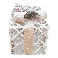 a gift wrapped in snow with a bow on it's side and ribbon tied around the top