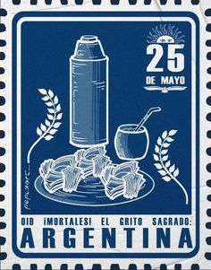 a postage stamp with an image of food and drink on the front, which reads 25 de mayo