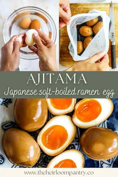 japanese soft boiled anemone egg is shown in three different photos with text overlay