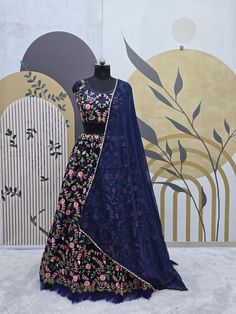 Navy blue colour Dulhan Lehenga Choli, Wedding Lehenga Choli, Party Dress. Navy blue colour Embroidered Attractive Party Wear Silk Lehenga choli has a Regular-fit and is Made From High-Grade Fabrics And Yarn. 💃 Lehenga Fabric :- Malay Satin Silk  💃 Dupatta Fabric :- Heavy Georgette Work, Fancy Border Moti Pari Work (dupatta size 2.40 meter) 💃 Blouse Fabric :- Malay Satin Silk 💃 Lehenga Inner :- Micro Silk  💃 Colour :- Navy blue 💃 Blouse Work :- Sequence 5mm, Multi Niddle Work, Cording Work Blue Floral Embroidered Semi-stitched Gown, Blue Floral Embroidered Choli For Eid, Blue Floral Embroidery Anarkali Set For Wedding, Blue Anarkali Set With Floral Embroidery For Wedding, Black Floral Embroidered Lehenga For Diwali, Blue Floral Embroidered Sharara For Wedding, Black Lehenga With Floral Embroidery For Diwali, Blue Floral Embroidery Sharara For Wedding, Blue Lehenga With Floral Embroidery In Art Silk