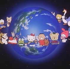 the cartoon characters are standing in front of the earth with animals on it's sides