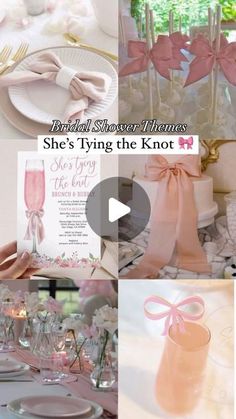 a collage of photos with pink and white items on them, including plates, napkins, cups, and vases