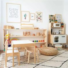 a child's playroom with toys and artwork on the walls, including wooden shelves