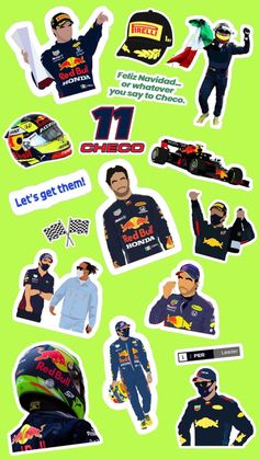 the sticker sheet has many different pictures on it, including race cars and drivers