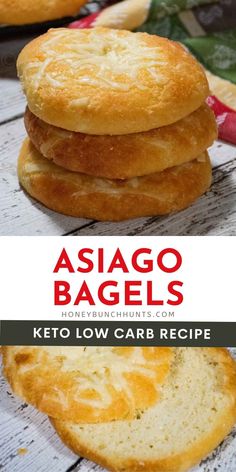 two images with the same image and text above them that says, asago bagels keto low carb recipe