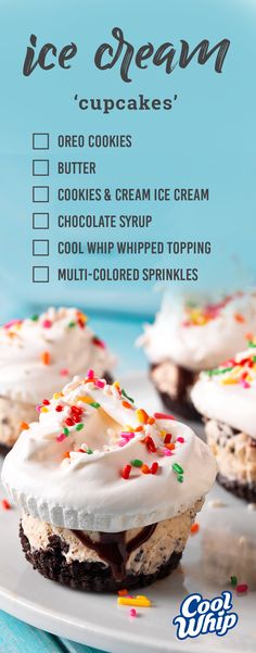 ice cream cupcakes with white frosting and sprinkles on a plate