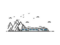 a black and white line drawing of a train traveling through the mountains with birds flying around