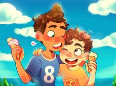 a boy and girl eating ice cream in front of a blue sky with white clouds