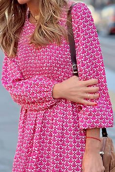 Estelle Maxi Dress – ROBBIE + CO. Pink Boho Dress, Boho Dresses Long, Geometric Print Dress, Round Neck Dresses, Ruffle Hem Dress, Spring Women, Long Puff Sleeves, Long Sleeve Maxi, Rose Print