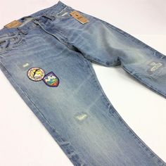 Polo Ralph Lauren Men Distressed Washed Patchwork Varick Slim Straight Jeans Casual Straight Leg Bottoms With Logo Patch, Casual Bottoms With Straight Leg And Logo Patch, Casual Straight Leg Bottoms With Patches, Ski Club, Custom Patches, Slim Straight Jeans, Polo Ralph Lauren Mens, Ralph Lauren Men, Straight Jeans