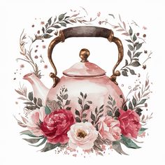 a watercolor painting of a pink tea kettle with flowers