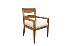 a wooden chair with a white cushion on the back and armrests, against a white background