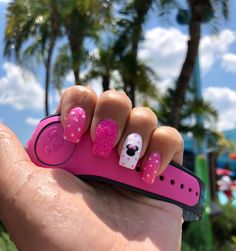 Fancy pinkDisney nails Pink And Purple Disney Nails, Minnie Nails Pink, Disney World Acrylic Nails, Matte Disney Nails, Pink Disney Nails Acrylic, Mickey And Friends Nails, Pink Mickey Nails