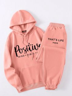 Letter Print Drawstring Hooded Sweatshirt And Pants Two Piece Set Suitable For Autumn And Winter Pink Sporty Sweatshirt With Drawstring Hood, Pink Athleisure Sweatshirt With Double-lined Hood, Printed Drawstring, Two Piece Set, Two Piece Sets, Autumn And Winter, Letter Print, Letter Prints, Hooded Sweatshirt