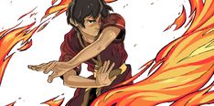 an anime character with black hair and red shirt holding his hands out in front of flames