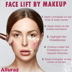 Lifted Blush Look, Facelift Makeup Contour, Contour To Look Younger, Blush To Lift Face, Where To Apply Concealer To Lift Face, Contour Lift Makeup, Make Up Face Lift, Face Lift With Makeup, Face Lift Makeup Tutorial