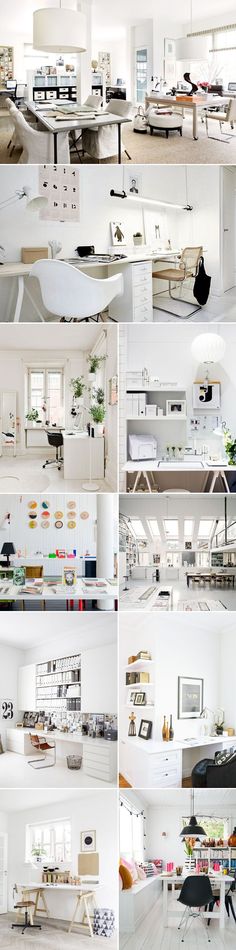 multiple shots of different rooms with white furniture and accessories on the walls, flooring and ceiling