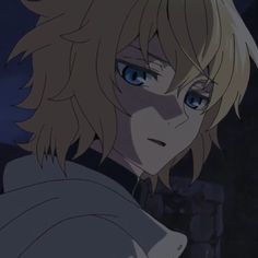 an anime character with blonde hair and blue eyes looking at something in the dark sky