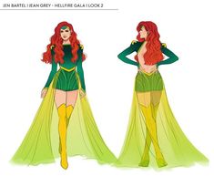 a woman in green and yellow costume standing next to another woman with long red hair