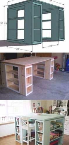 the plans for an office desk are shown in two different views, one with open shelves and