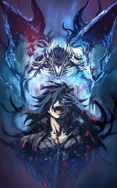 an anime character with long hair and demon horns on his head, surrounded by demonic creatures