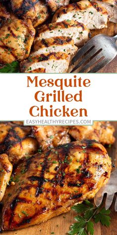 grilled chicken on a cutting board with parsley in the foreground and text overlay that reads, mesquite grilled chicken