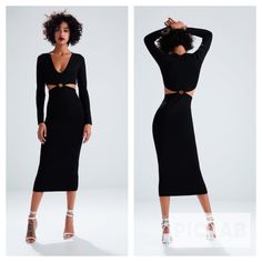 Sexy Look With V Neck And Mid Section Cut Outs..... Going Out Or Party Staple Long Knit Dress, Long Knitted Dress, Long Knit, Zara Black, Zara Dresses, O Ring, Cut Outs, Knit Dress, Long Dress