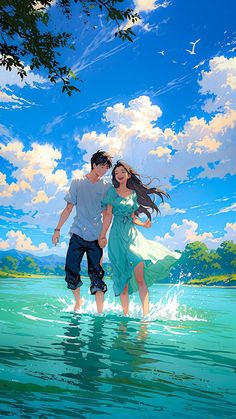 a man and woman standing in the water under a blue sky with clouds above them