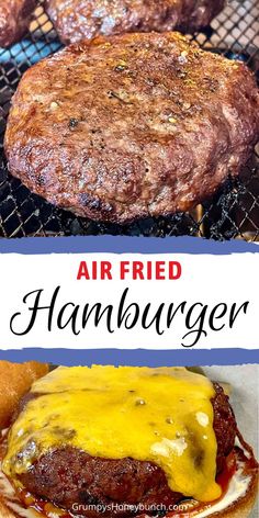 hamburgers and burger patties are cooking on an outdoor grill with the words air fried hamburger