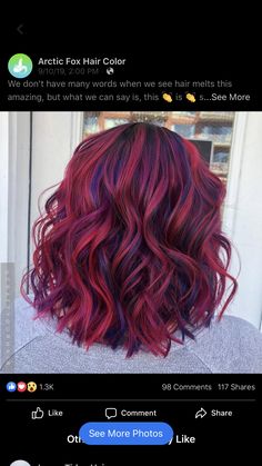 Burgundy Hair With Blue Highlights, Red Hair With Vivid Highlights, Red On Red Highlights, Red Hair With Fun Colors, Red And Blue Highlights Hair Color Ideas, Purple Hair Red Highlights, Blue Red Hair Color, Red To Blue Ombre Hair, Blue Hair With Red Highlights