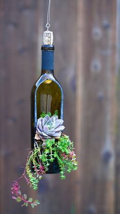 a wine bottle with a succulent plant in it hanging from a hook on a wooden fence