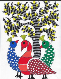 Gond art features intricate and vibrant depictions of trees in the traditional style of the Gond indigenous community in India. These artworks often showcase interconnected branches, leaves, and animals, reflecting the deep spiritual connection that Gond people have with nature. The tree motifs symbolize life, renewal, and the interconnectedness of all living beings in their rich cultural narratives. Madhubani Drawing, Indian Artwork, Gold Art Painting, Walter Crane, India Inspired, Baking Substitutes