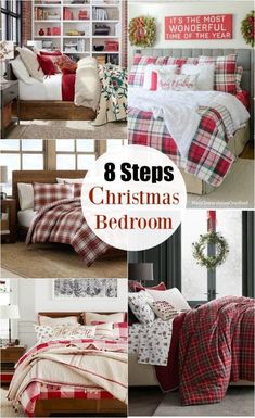 christmas bedroom decor with red and white plaid bedspreads, pillows, blankets and wreaths