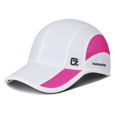 a white and pink cap with the word g on it's front side,