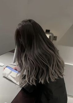 Balayage Hair Silver Blonde, Silver Ash Hair Color, Black Hair With Beige Highlights, Black Hair With Ash Grey Highlights, Brown Grey Ombre Hair, White Balayage On Dark Hair, Silver Ends Hair, Peekaboo Hair Colors Medium Length, Black To White Ombre Hair