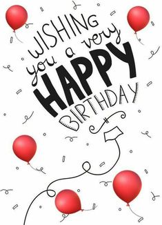 a happy birthday card with red balloons and confetti