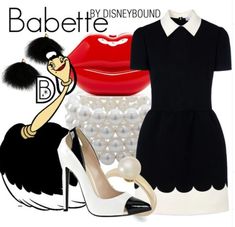 a woman in black and white outfit with red lips, high heel shoes and bag