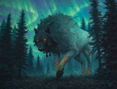 a painting of a wolf with glowing eyes walking through the woods in front of an aurora bore