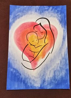 a drawing of a mother holding her child in the shape of a heart on a blue and red background