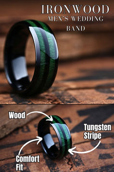 Men's Black Plated Tungsten Wedding Band With Green Wood Antler Rings Women, Godly Wedding, Witchy Wedding, Wooden Wedding Bands, Ring Stacks, Carbon Fiber Rings