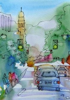 a watercolor painting of cars on a city street