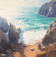 an oil painting of the ocean and rocky coastline